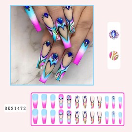 Vezocim Press on Nails Long Coffin 24Pcs Glossy Full Cover Acrylic Square Rhinestone False Nails with Heart Designs Ballerina Extra Long Artificial Fake Nails Glue Stick on Fingernails for Women