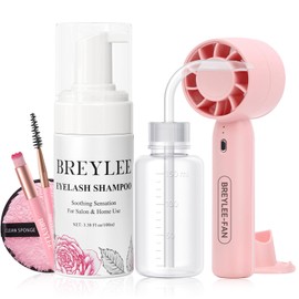 BREYLEE 100 ml Lash Shampoo for Lash Extensions, Lash Fan Dryer+Rinse Bottle+Brushes+Cotton Puff, Eyelash Extension Cleanser, Lash Bath Wash Soap Foam Cleaner for Salon and Home Use