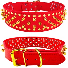 teemerryca Sturdy Wide Red PU Leather Gold Spiked Dog Collars with a Squeak Ball for Medium Large Breed Girl Boy Pet, Pit Bulls/Bulldog/Boxer/Doberman, Protect Dog's Neck from Attack, S(17"-20")
