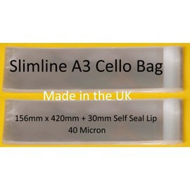 celloexpress Slimline A3 Cello - 156mm x 420mm + 30mm Flap - Cellophane Artist Size Cello Display Bags Self Seal - Large Cello 40 Micron - Pack of 25
