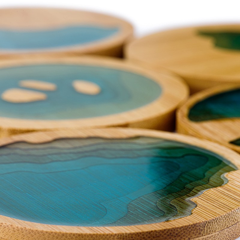 Round Ocean Wave Epoxy Resin and Bamboo Coaster Drink Mat