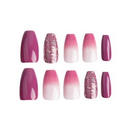24pcs Short Coffin False Nails Purple Glitter Stick on Nails Pink Ombre Press on Nails Removable Glue-on Nails Fake Nails Acrylic Full Cover Nails Women Girls Nail Art Accessories