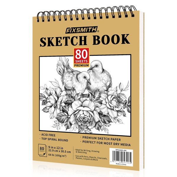FIXSMITH 9"X12" Sketch Book | 80 Sheets (68 lb/100gsm) Sketchbook | Top Spiral Bound Artist Sketch Pad | Durable Acid Free Drawing Pad | Ideal for Kids, Beginners, Artists & Painters | Bright White