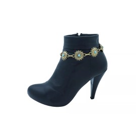 Women Gold Metal Boot Chain Bracelet Shoe Charm Blue Color Ethnic Flower Anklet
