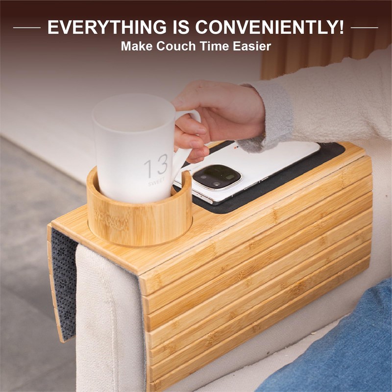 MAGIC BAMBOO Couch Cup Holder Tray, Bamboo Sofa Armrest Tray