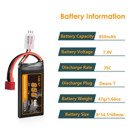 VICMILE 7.4V Lipo Battery Super Thin 2S 850mAh RC Battery with Deans T Plug 35C High Discharge Rate Rechargeable Lithium Battery Fit for DEERC WLtoys HBX Most 1/10 1/16 1/18 1/24 Scale RC Car Truck