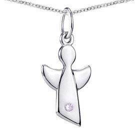 Materia Children's Angel Pendant with Birthstones - 925 Sterling Silver with Chain 36-40 cm Gift Birth Christening in Case, Sterling Silver, Cubic Zirconia