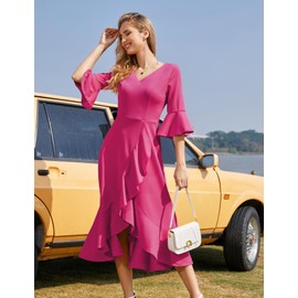 HomRain Women's Formal Dresses 3/4 Sleeve Cocktail Dress Vintage Ruffle V-Neck Wedding Guest Casual for Gown Evening Party Rose XL