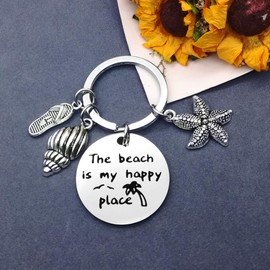 Vadaka Beach Lover Gift Keyring Beach Keychain The Beach is My Happy Place Keyring Stainless Steel Key Chain Birthday Christmas Graduation Gift for Women Girl Teens Beach Lover