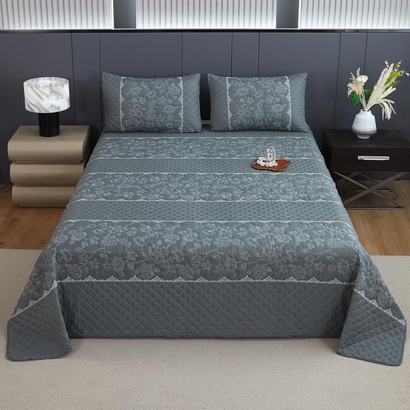 Queen Size Quilt, Embossed Floral and Grid Reversible Bedspread Set,