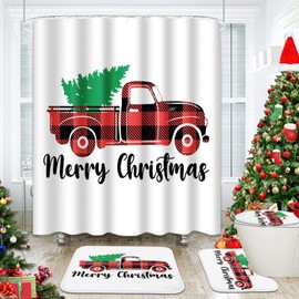 Britimes 4 Piece Shower Curtain Sets, Green Christmas Tree Buffalo Plaid with Non-Slip Rugs, Toilet Lid Cover and Bath Mat, for Bathroom Decor Set, 72" x 72"