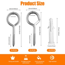 ADNEWX® Screw Hooks M5 x 65 mm Stainless Steel Hook Screws Open Closed Screw Eyelets with Dowels for Chandelier Hanging Basket Curtains Crafts Pack of 10