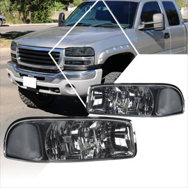 PM PERFORMOTOR Headlights Assembly Compatible with 1999-2007 GMC Sierra/Yukon GMT800, Headlamps with Upper Bumper, Smoked Lens/Clear Corner