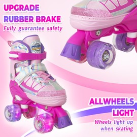 Nattork Roller Skates for Kids Boys Girls, 4 Size Adjustable Rollerskates with Light Up Wheels for Children Beginners for Outdoor Indoor Rosy