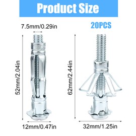 Pack of 20 Cavity Dowels, Metal Galvanised Cavity Wall Anchors, M8 x 52 mm Expansion Nuts, Metal Cavity Dowels, Expansion Dowels, for Fixings in Plasterboard, Pictures, Rigypsum