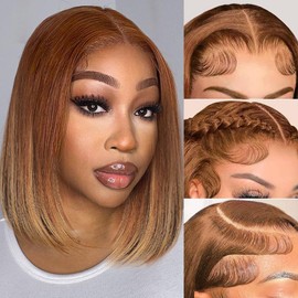 Royal Lady Highlight 4x4 HD Lace Front Wigs Ombre 4/27 Human Hair Bob Wigs Colored Lace Closure Wigs for Women Glueless Pre Plucked with Baby Hair 180% Density Straight Short Bob Wigs 14 Inch