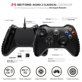 BEITONG Asura 2 PC Gaming Controller - E-sports Joystick, Dual Vibration, Turbo, Linear Trigger Gamepad for Window 7/8/10/11 Android TV [Black]