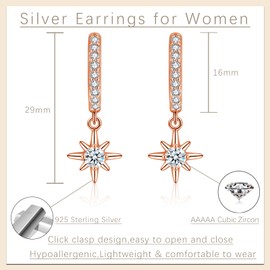 Estrellique Silver 925 Hoop Earrings Hanging for Women Girls, 925 Sterling Silver Hoop Ear Rings, Hypoallerge Huggie Ear Ring with Star Pendant, Rose Gold Dangle Hanging Earring with 5A Cubic Zirconia