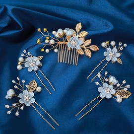 5PCS Bridal Flower Wedding Hairpins Crystal Pearl Hair Clips Headpiece Hair Accessories for Women Decorative HairClips for Brides Bridesmaids Women Girls Updo (Blue,5 Style)