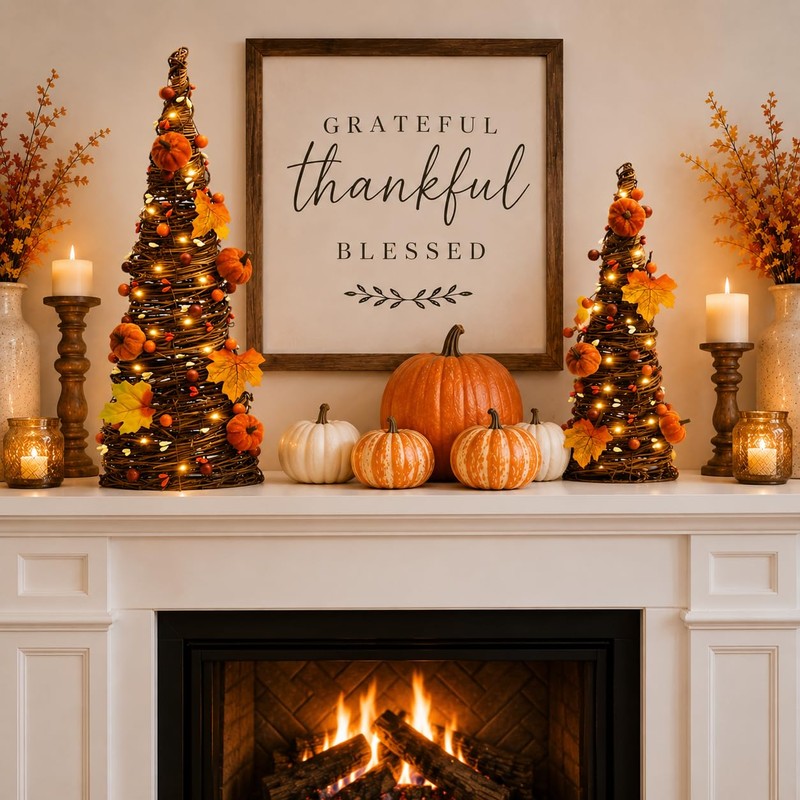 Lighted Fall Table Tree, Pumpkin Tabletop Decor for Thanksgiving Home