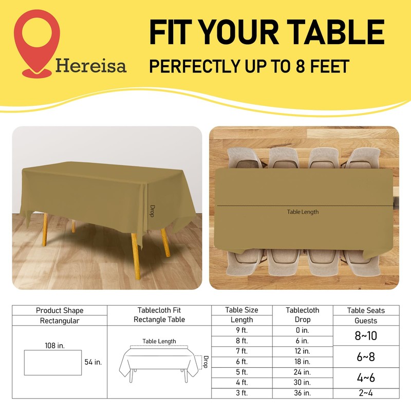 Hereisa Gold Plastic Tablecloths 2 Pack Solid Disposable Table Covers