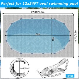 15 X 28 Ft Oval Swimming Pool Leaf Net Cover,Pool Winter Cover Mesh Cover with 10 Pcs Large Metal Clips, Pool Safety Net Fits 12 x 24 Above Ground Pools, Keeps Leaves Out of Your Pool