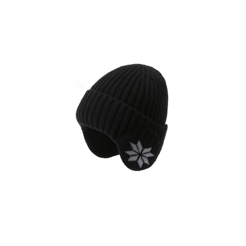 Winter Knit Beanie with Snowflake Pattern, Black, Ribbed Design with