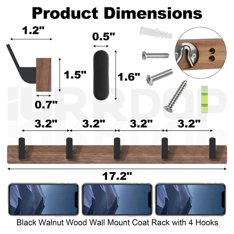 IURRDOP 17 Inch Walnut Wood Wall Mounted Coat Rack with
