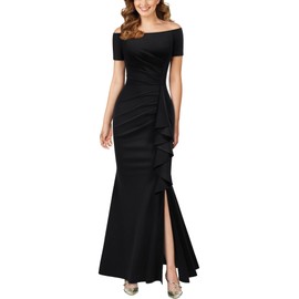 AISIZE Women's Elegant Off Shoulder Ruffle Formal Evening Long Dress Black