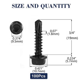 #14 x 3/4" Sheet Metal Screws 100PCS 410 Stainless Steel Hex Washer Head Tek Screws Fast Self Tapping Screws Black Oxide by SG TZH
