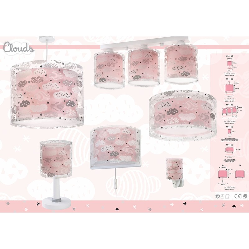 Dalber 41411s E14 Children's Table Lamp Bedside Lamp Clouds Pink