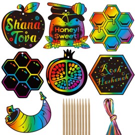 Qpout 28 Packs Rosh Hashanah Scratch Art,Magic Rainbow Scratch Off Cards,Shana Tova Scratch Paper Art Hanging Craft DIY Kit for Jewish New Year Party Favor Home Activity Art Project