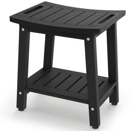 Shower Bench for Inside Shower - Black HDPE Shower Stool Waterproof - Spa Bathroom Seat Chair with Handle, Storage Shelf, Adjustable Feet - Indoor/Outdoor, Weather Resistant