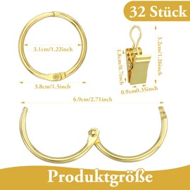 Pack of 32 Metal Curtain Rings, Curtain Rings with Clips, Curtain Hanging Rings, Golden Curtain Clips Rings, Rustproof Curtain Hooks with Eyelets of Curtains (32 mm Inside) for Shower Curtain (Gold)
