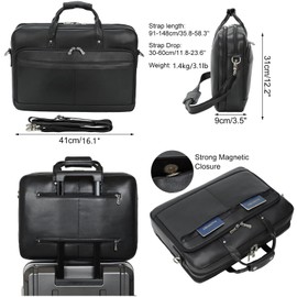 Masa Kawa Black Leather Briefcase for Men 15.6 Inch Laptop Crossbody Shoulder Messenger Office Bag Attache Case Handbag for Business Travel Work Lawyer, Medium
