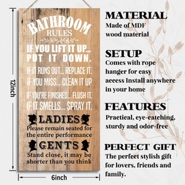 Funny Bathroom Wooden Plaque Sign, Bathroom Rules, Rustic Wall Art, Hanging Wooden Decor, Farmhouse Style 12x6inch (H4)