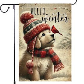 Hello Winter Dog Garden Flag 12x18 Vertical Double Sided Cardinal Bird Snow Christmas Holiday Outside Decorations Burlap Yard Flags