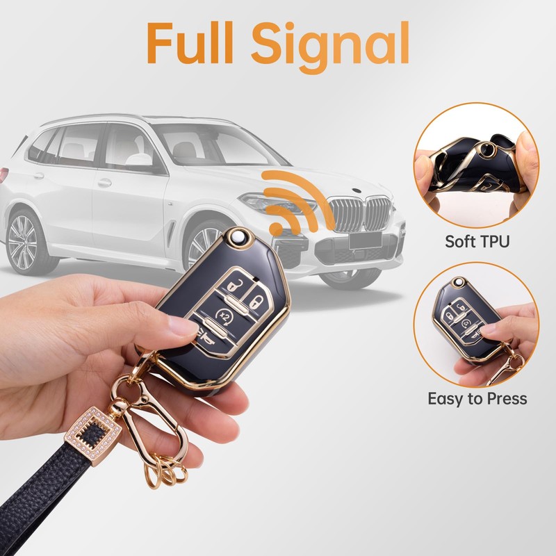 CACARLIKE Jeep Key Fob Cover with Leather Lanyard, Compatible with