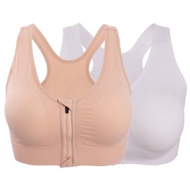ohlyah Women's Zipper Front Closure Sports Bra Racerback Yoga Bras (XL 36D 38B 38C 38D 40B, 2 Pack: Nude White)
