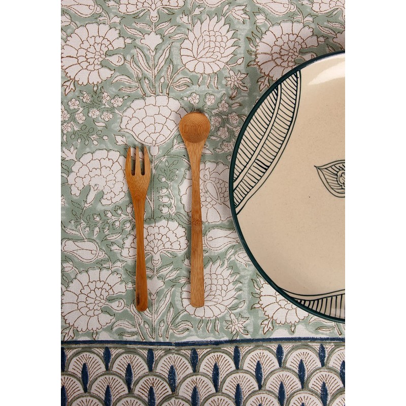 ATOSII Jade 100% Cotton Rectangle Boho Fall Tablecloth, Handblock Floral