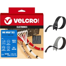 VELCRO Brand 150pk Cable Ties Value Pack Replace Zip Ties with Reusable Straps, Reduce Waste For Wire Management and Cord Organizer 8 x 1/2" Thin Pre-Cut Design, Black and Gray