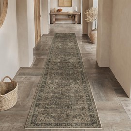 WondRg 2x8 Washable Brown Vintage Runner Rug for Kitchen Hallway Non-Slip Low Pile Soft Thin Carpet Traditional Retro Distressed Accent Throw Rug for Entryway Bathroom Indoor Bedroom