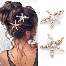 Hair Clips Starfish Girls 2 Pieces Hair Accessories Women's Summer Hair Clip Beads Wedding Bridal Hair Pin with Pearls Rhinestone Metal Star Hair Clips for Birthday, Party, Wedding Party, Gift