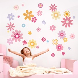 FUFUQUARE 8 Sheets Boho Pink Yellow Daisy Flower Wall Stickers
