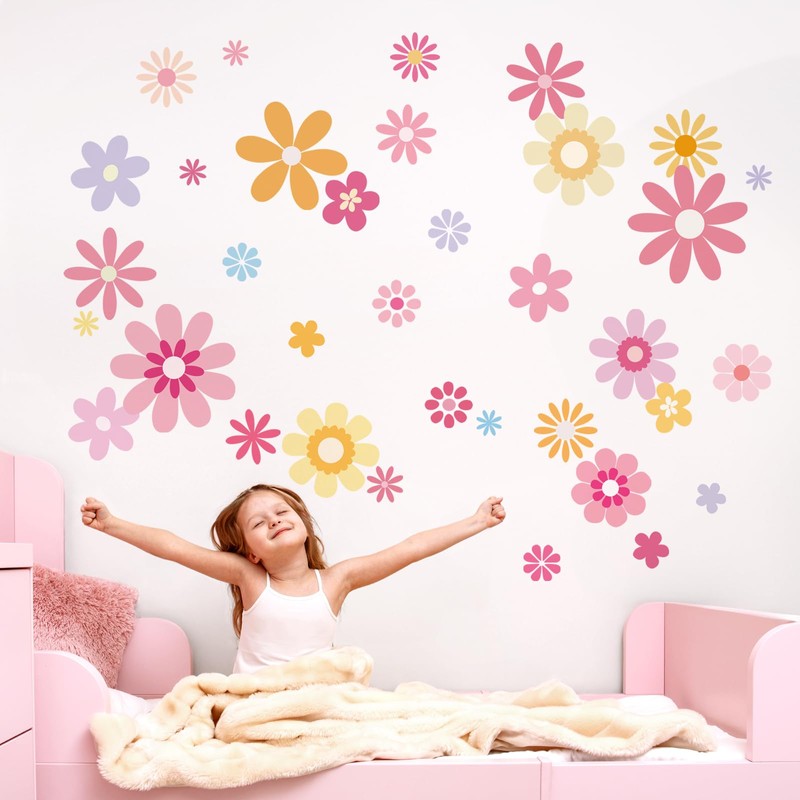 FUFUQUARE 8 Sheets Boho Pink Yellow Daisy Flower Wall Stickers