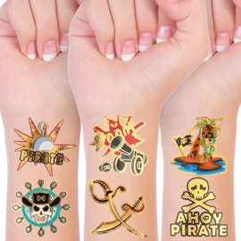 Konsait 96PCS Pirate Temporary Tattoos for Kids,Metallic Glitter Neverland Pirated Skull Cannon Powder Treasure Box Tattoo Sticker for Pirate Birthday Party Favors Supplies Boys Girls Party Bag Filler
