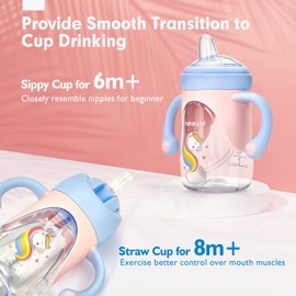 hahaland 2 in 1 Baby Cups & Sippy Cup with Straw and a Spout 240ML, Toddler Drinks Water Bottles Trainer Cup with Handles for Babies 6 12 Months - Unicorn (One Cup with 2 Nipples)