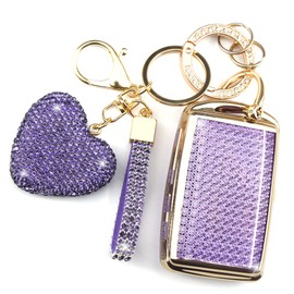 YIKECASE Key Fob Cover with Diamond Keychain for Women, Car Key Holder Compatible with 2019-2022 Mazda 3 Hatchback 2020-2022 Mazda CX-5, CX-30, CX-10 Protector, 3 Buttons (Purple-Heart)