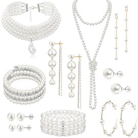 EIELO - Juego de 16 aretes de perlas para mujer, pulsera de perlas de imitación, collar de perlas sintéticas, juego de joyas, Metal, Circonita cúbica