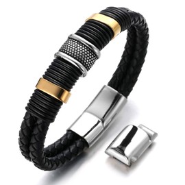 Halukakah Men's Leather Bracelet ● Solo ● Cowhide Leather Top Layer | 18k Real Gold/Platinum Plated Titanium Beads Gold Silver Black | Magnetic Closure 21.5-23 cm | Gift for Men, Metal Leather